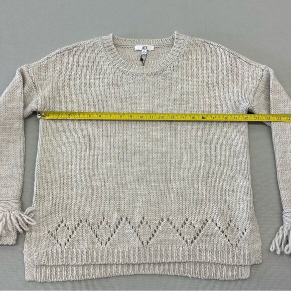 Cream Crew Neck Sweater with Ribbed Cuffs and Asymmetrical Hem - Picture 2 of 4